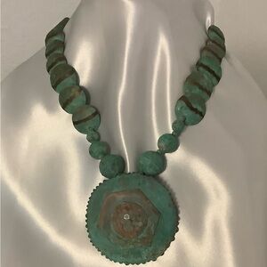 Sharp Vintage Statement Artisan Copper Vertigris Medallion Necklace Earrings Set